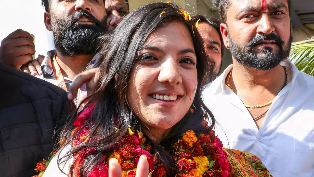 Devyani Rana celebrates after her victory in the Nagrota assembly constituency bypoll Devyani Rana celebrates after her victory in the Nagrota assembly constituency bypoll
