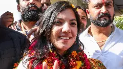 Devyani Rana celebrates after her victory in the Nagrota assembly constituency bypoll