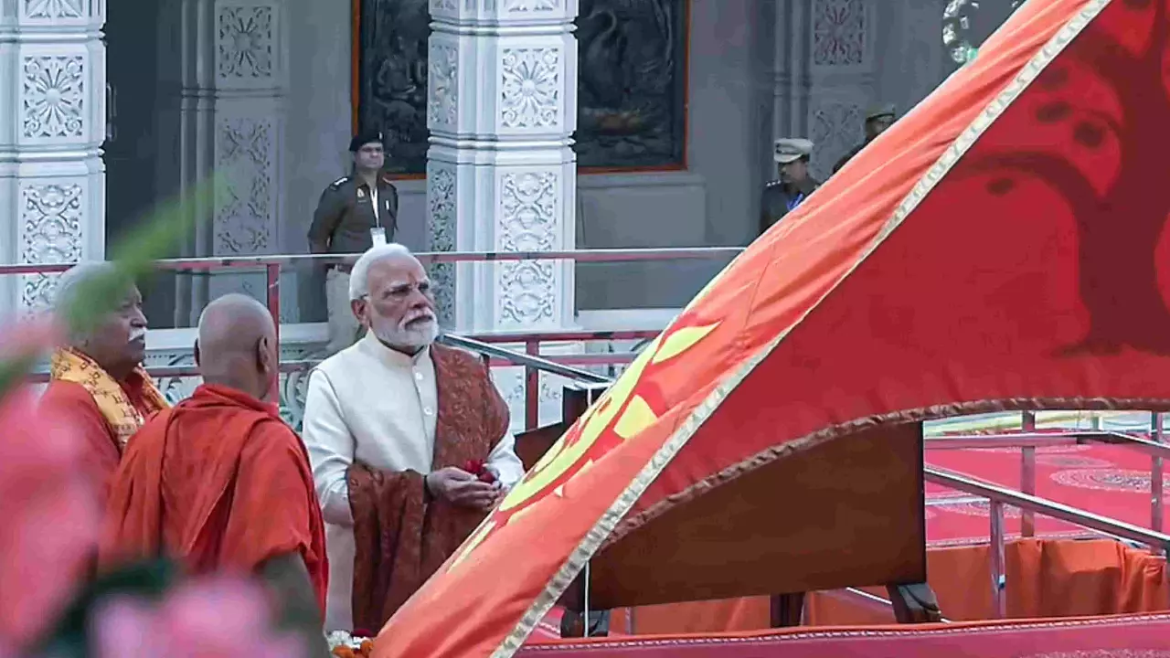Prime Minister Narendra Modi with RSS chief Mohan Bhagwat during the Dhwajarohan ceremony at the Ram Temple, in Ayodhya