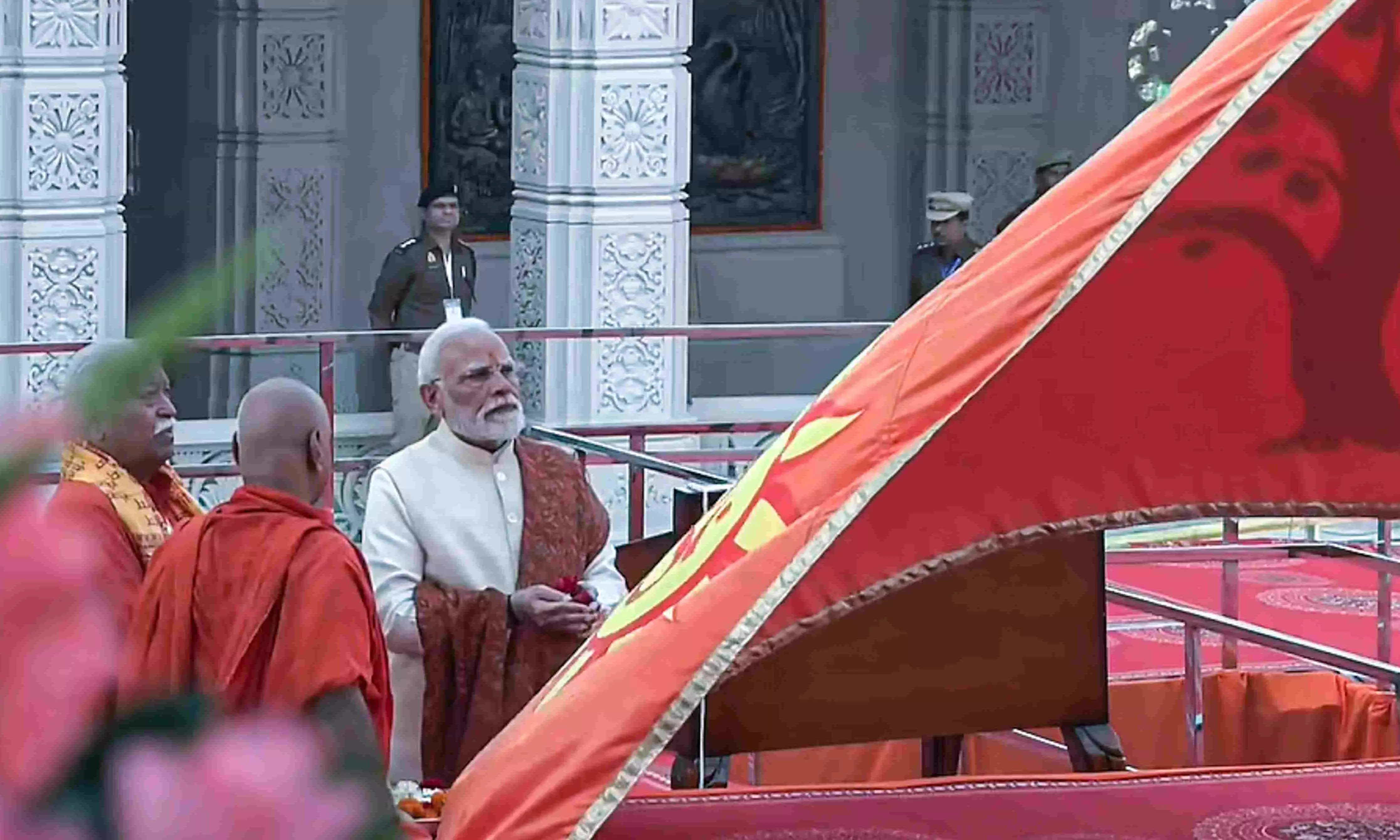 Prime Minister Narendra Modi with RSS chief Mohan Bhagwat during the Dhwajarohan ceremony at the Ram Temple, in Ayodhya