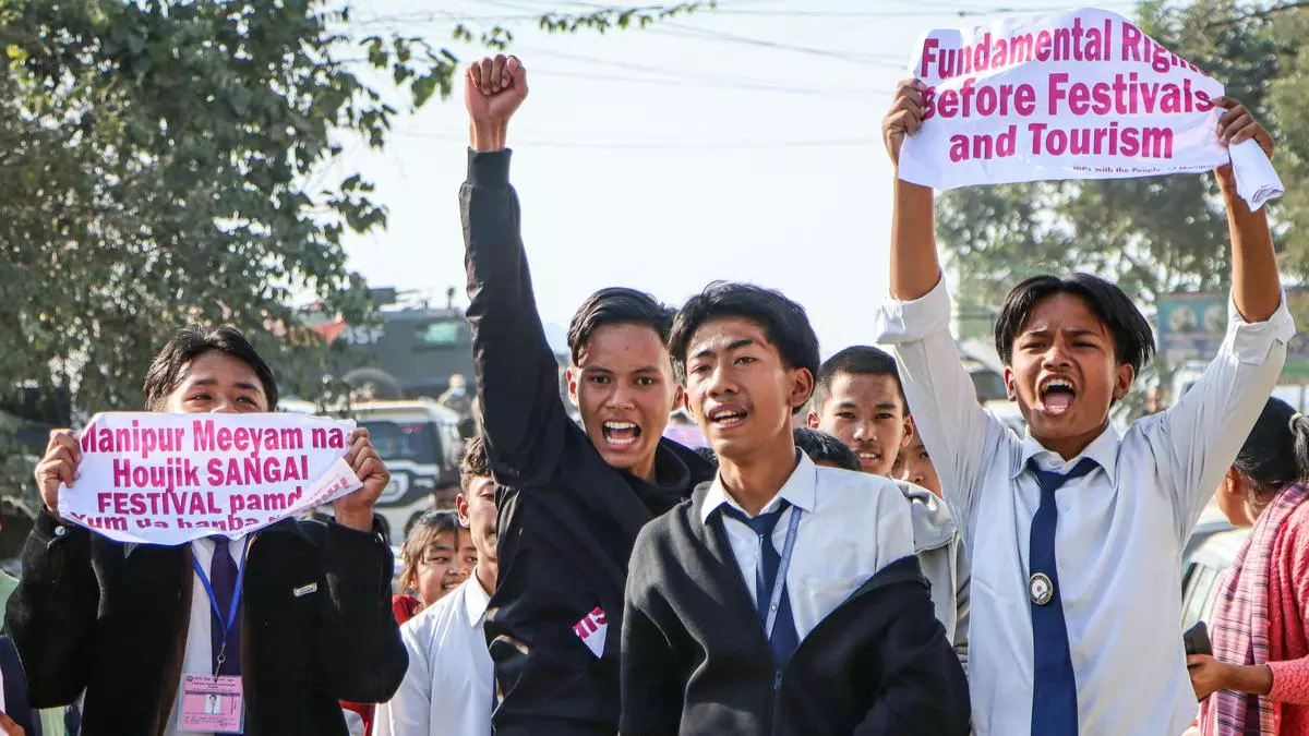 On November 28, students staged a protest along Dingku Road against the Sangai Festival, in Imphal. Photo: ANI