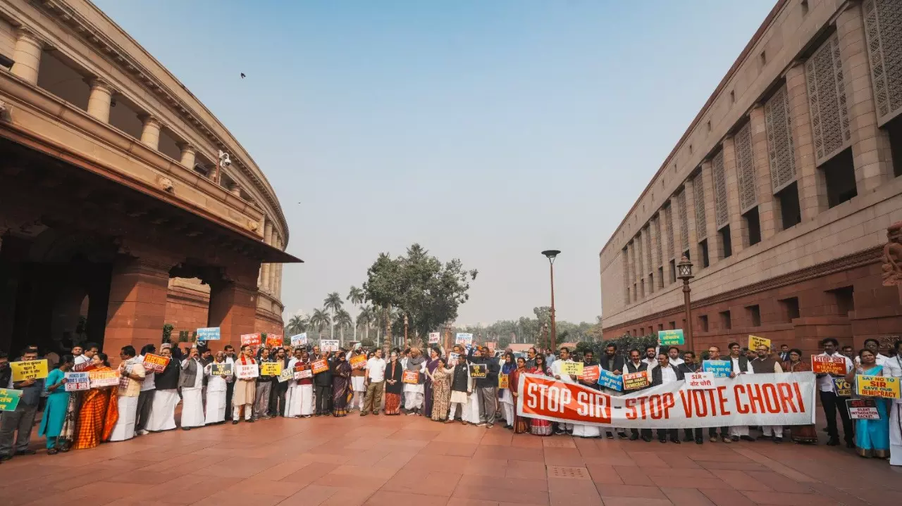Opposition leaders protest against SIR outside Parliament on the second day of Winter Session.