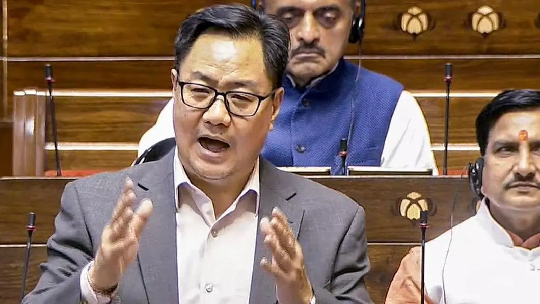 Union Minister Kiren Rijiju speaks during the Winter Session of Parliament