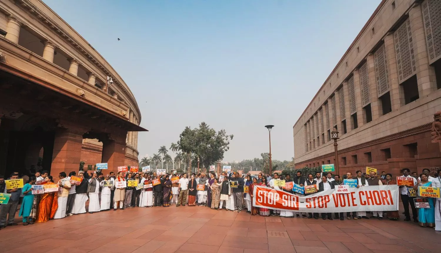 Opposition leaders protest against SIR outside Parliament on the second day of Winter Session.
