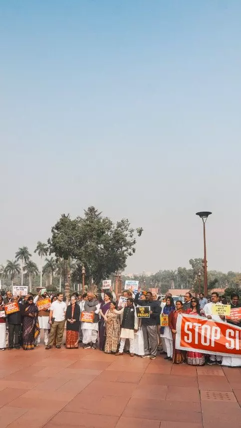 Opposition leaders protest against SIR outside Parliament on the second day of Winter Session.