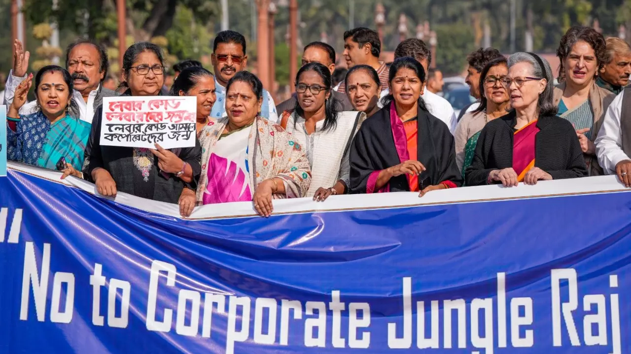 Opposition MPs protest on Day 3 of the Winter Session of Parliament on December 3, 2025.