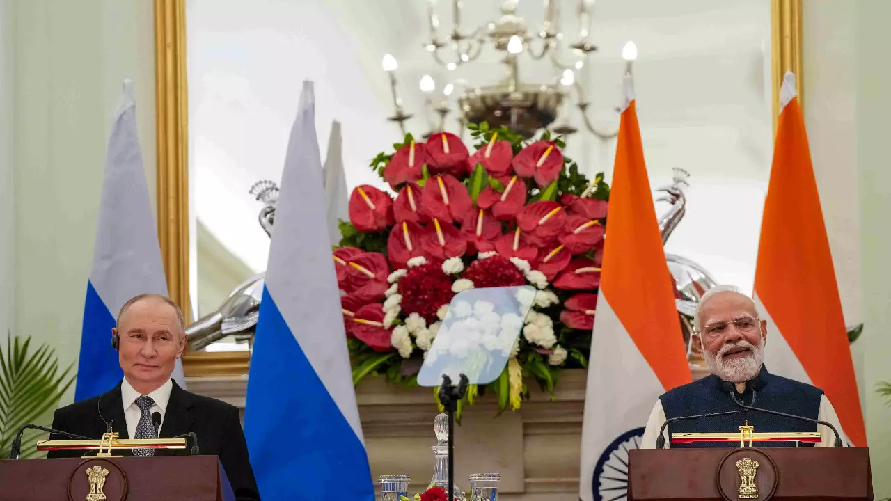 Prime Minister Narendra Modi with Russian President Vladimir Putin during a joint press statement