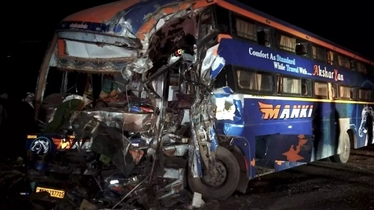 Damaged remains of a bus after it collided with a truck on the Jaipur Bikaner National Highway