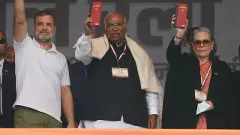 Rahul Gandhi along with Mallikarjun Kharge and Sonia Gandhi