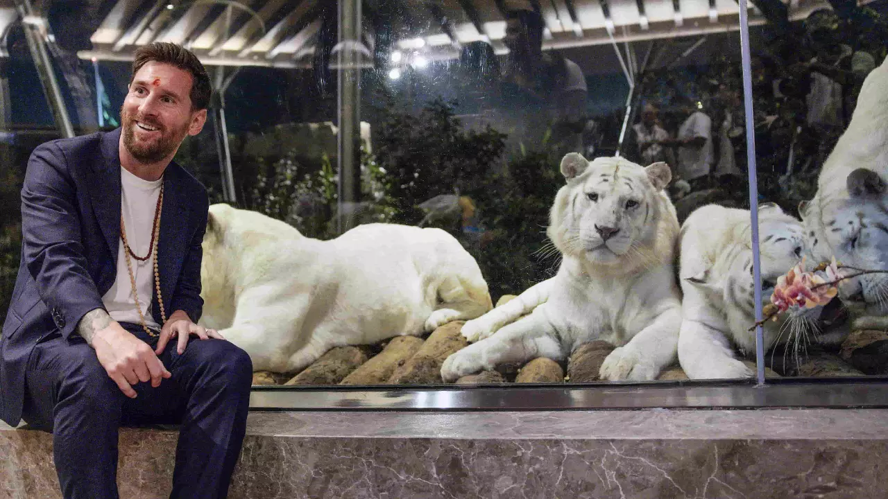 Argentine footballer Lionel Messi during a visit at Vantara, a wildlife rescue centre
