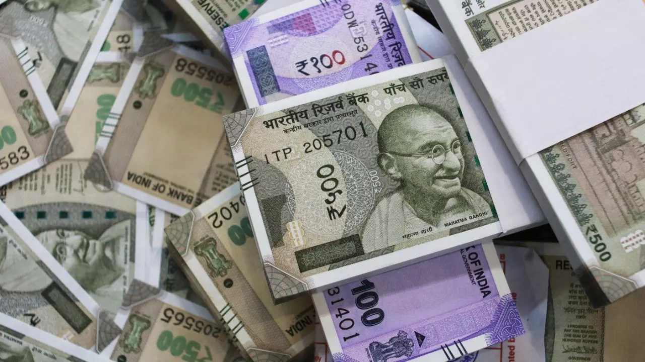 Indian money 100 banknotes  500 banknotes stock photo