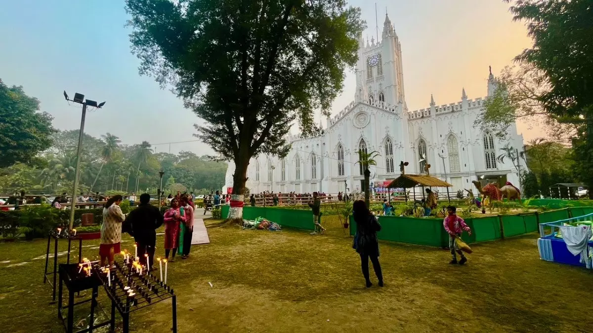 The Nativity display at St Paul’s Cathedral, Kolkata, one of the city’s most iconic churches, where the midnight service on the intervening night of December 24-25 draws crowds of Christians and non-Christians alike. The foundation stone of the Cathedral was laid in 1839 and it was consecrated in 1847. The cathedral clock was made by London’s famous Vulliamy’s and is similar to the one at Christ Church, Oxford and Queen Victoria is said to have presented 10 pieces of silver-gilt plate for it in 1845. Photo: Jayanta Shaw  