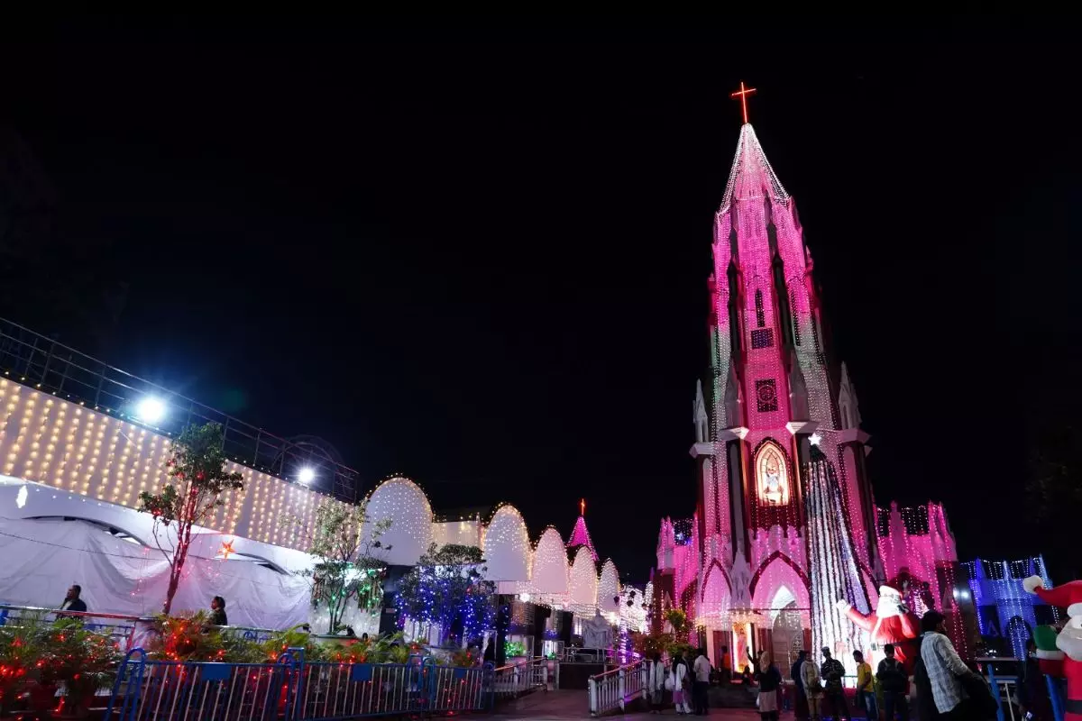 St. Marys Basilica in Bengaluru’s Shivajinaga̧r,  consecrated in 1882. The church has a six-feet high statue of Mother May holding Child Jesus in her arms just outside the church building, which is draped in a sari everyday. The church website mentions a popular narrative about the statue. It is said that in 1875, people had tried to remove the statue from its position to install it inside, but it couldn’t be moved. Photo:  Raghu RD  
