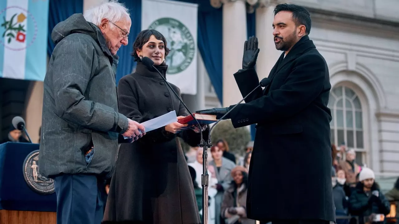 US Sen. Bernie Sanders (left), administers the oath of office to Mayor Zohran Mamdani (right), right, as Rama Duwaji (centre), holds the Quran during Mamdani US Sen. Bernie Sanders (left), administers the oath of office to Mayor Zohran Mamdani (right), right, as Rama Duwaji (centre), holds the Quran during Mamdani