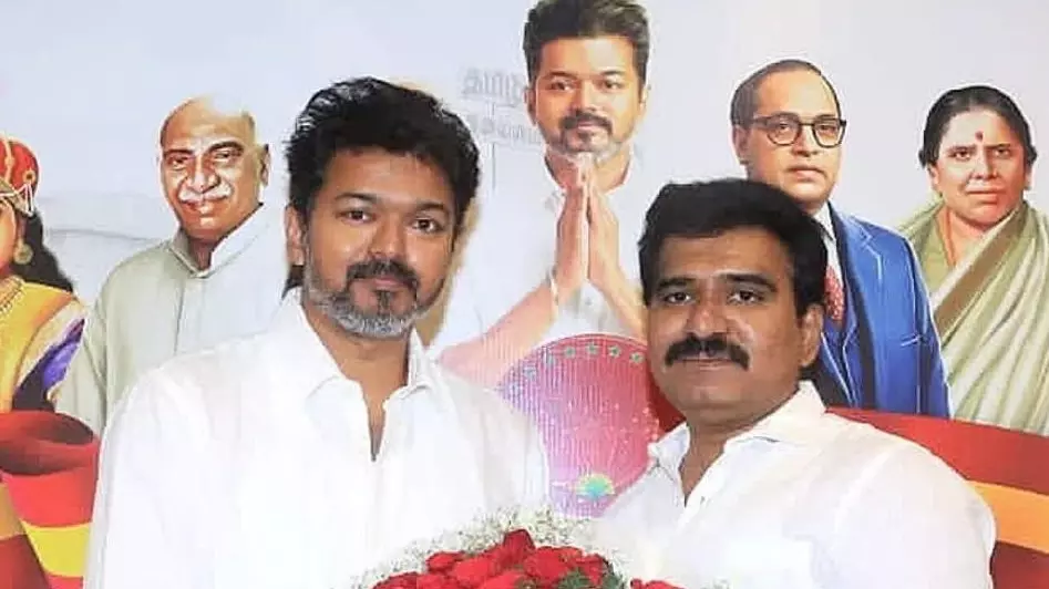 File photo of Tamilaga Vettri Kazhagam (TVK) chief Vijay (left) with the party