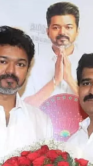 File photo of Tamilaga Vettri Kazhagam (TVK) chief Vijay (left) with the party