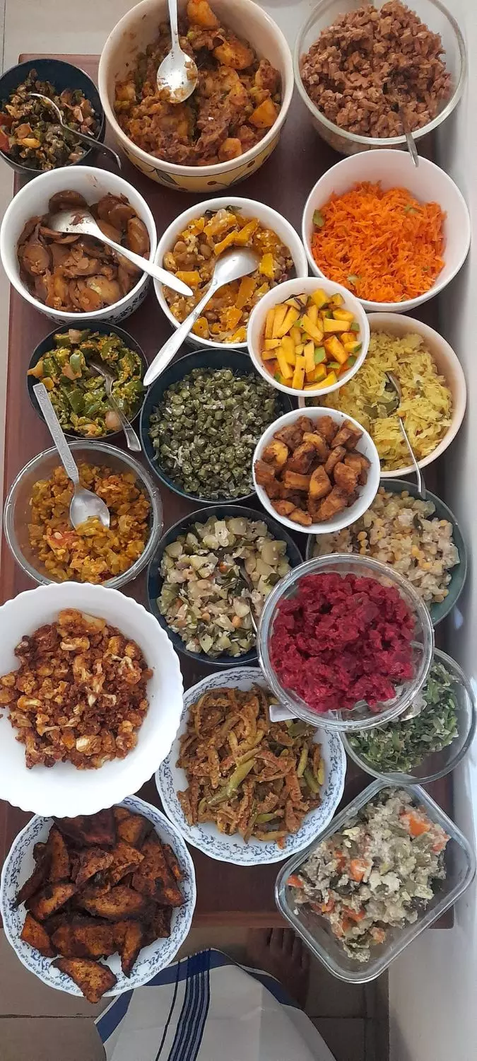 The all-vegetarian feast, which includes 16 different types of vegetable preparations, at the Kombai Anwar familys Pongal celebration. Photo: By special arrangement