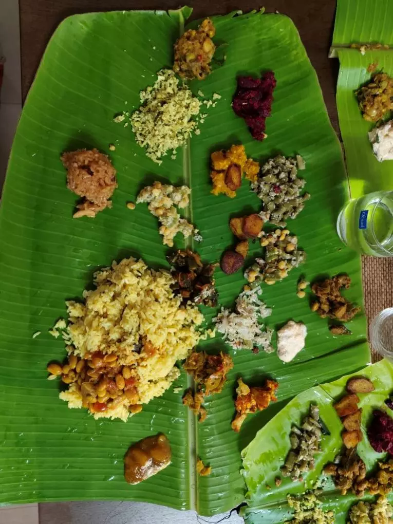 The Pongal meal served on a banana leaf at the Kombai Anwar familys celebration of the festival. Photo: By special arrangement