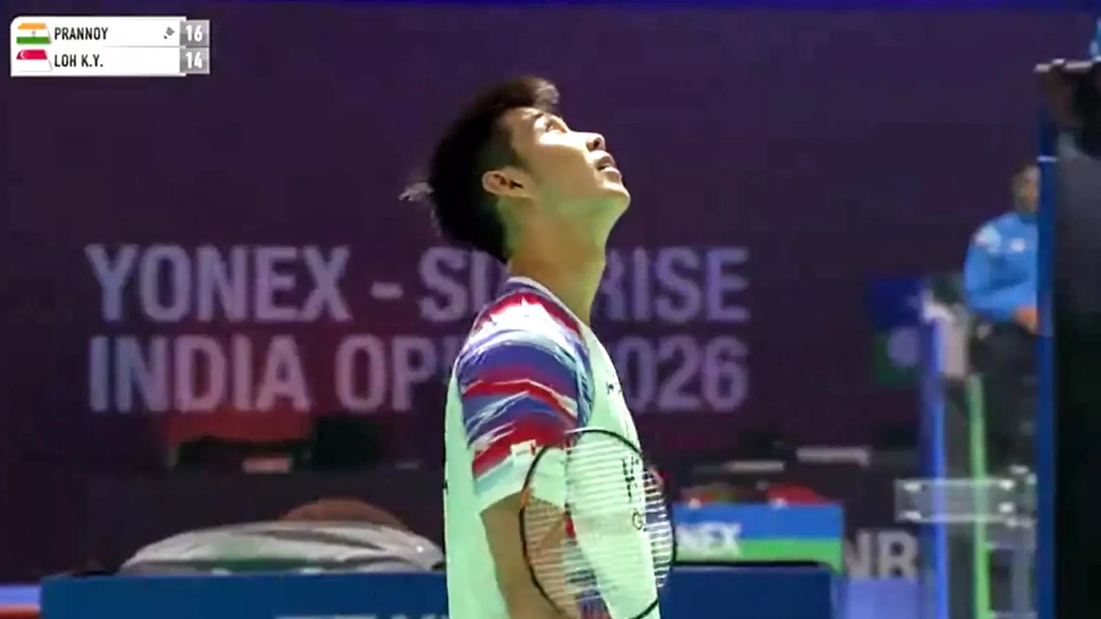 The match between India’s H.S. Prannoy and Singapore’s Loh Kean Yew had to be halted, not once but twice. Each time, the court was wiped clean and play resumed, only for the same problem to return. Photo: Screengrab from X