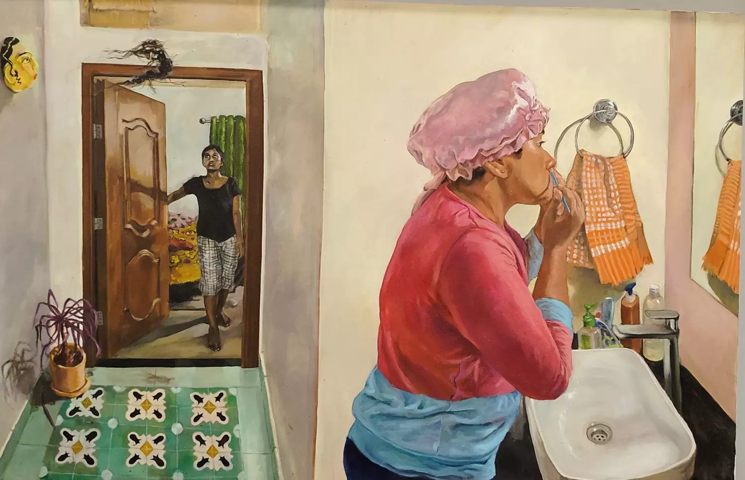 In Weightless Burden, using acrylics on canvas, Nithya has composed an everyday scene of her mother’s self-care. It also shows a young Nithya opening a door into a corridor and looking up at a floating debris of hair. Photo: By special arrangement