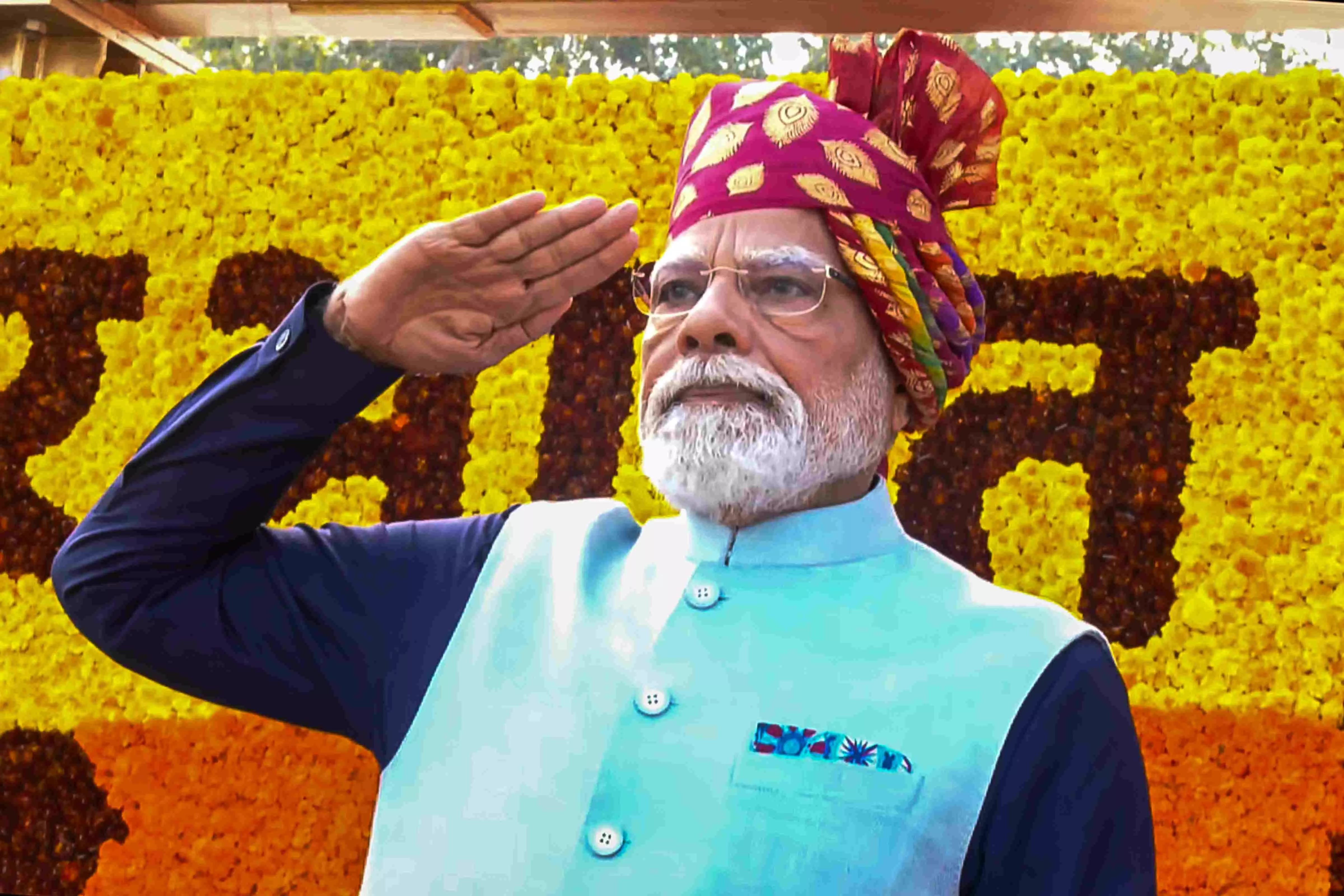Prime Minister Narendra Modi takes the salute during the 77th Republic Day Parade at Kartavya Path in New Delhi. Photo: PTI    