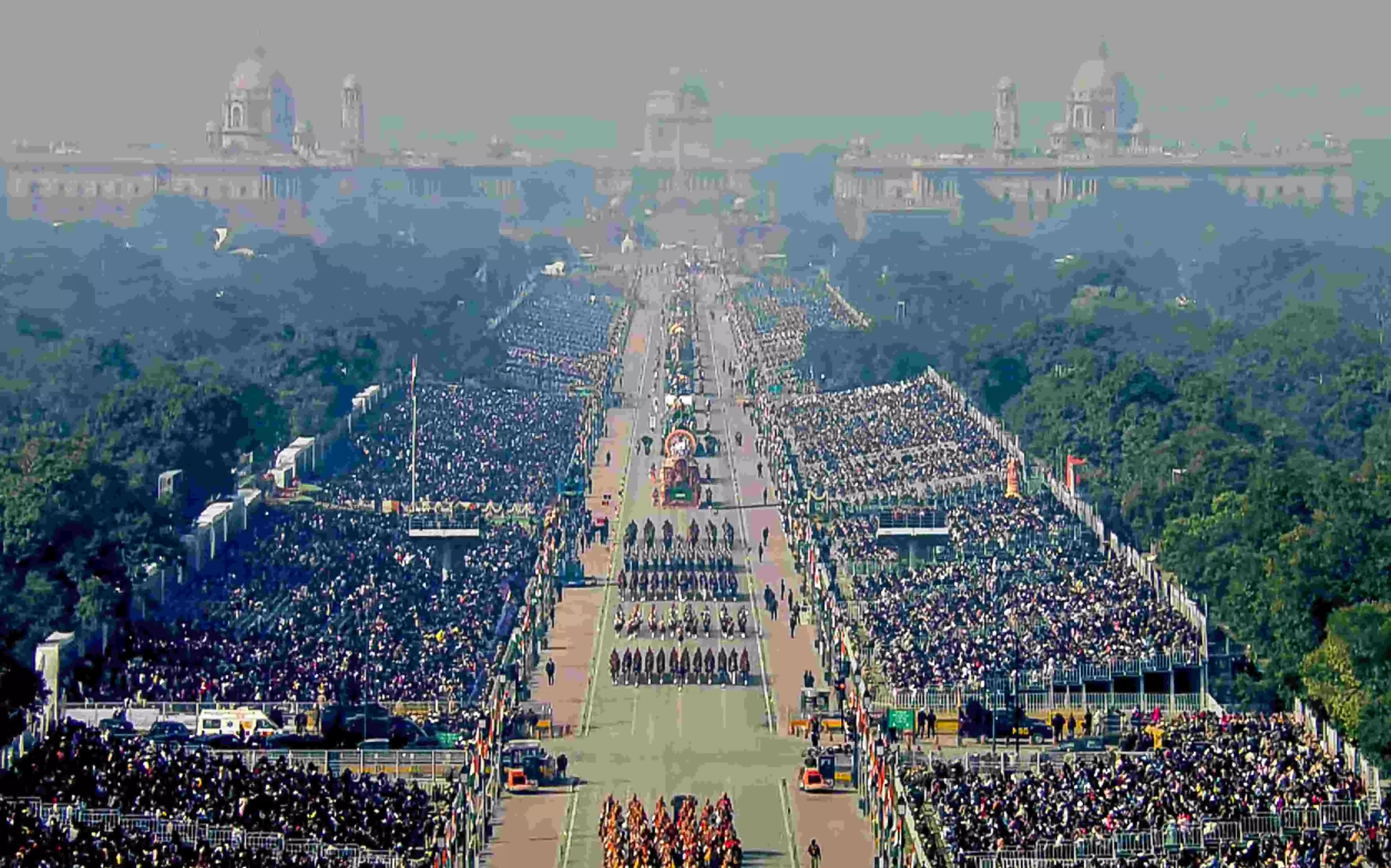An aerial view of the marching contingents during the 77th Republic Day Parade, at Kartavya Path, in New Delhi. Photo: PTI An aerial view of the marching contingents during the 77th Republic Day Parade, at Kartavya Path, in New Delhi. Photo: PTI