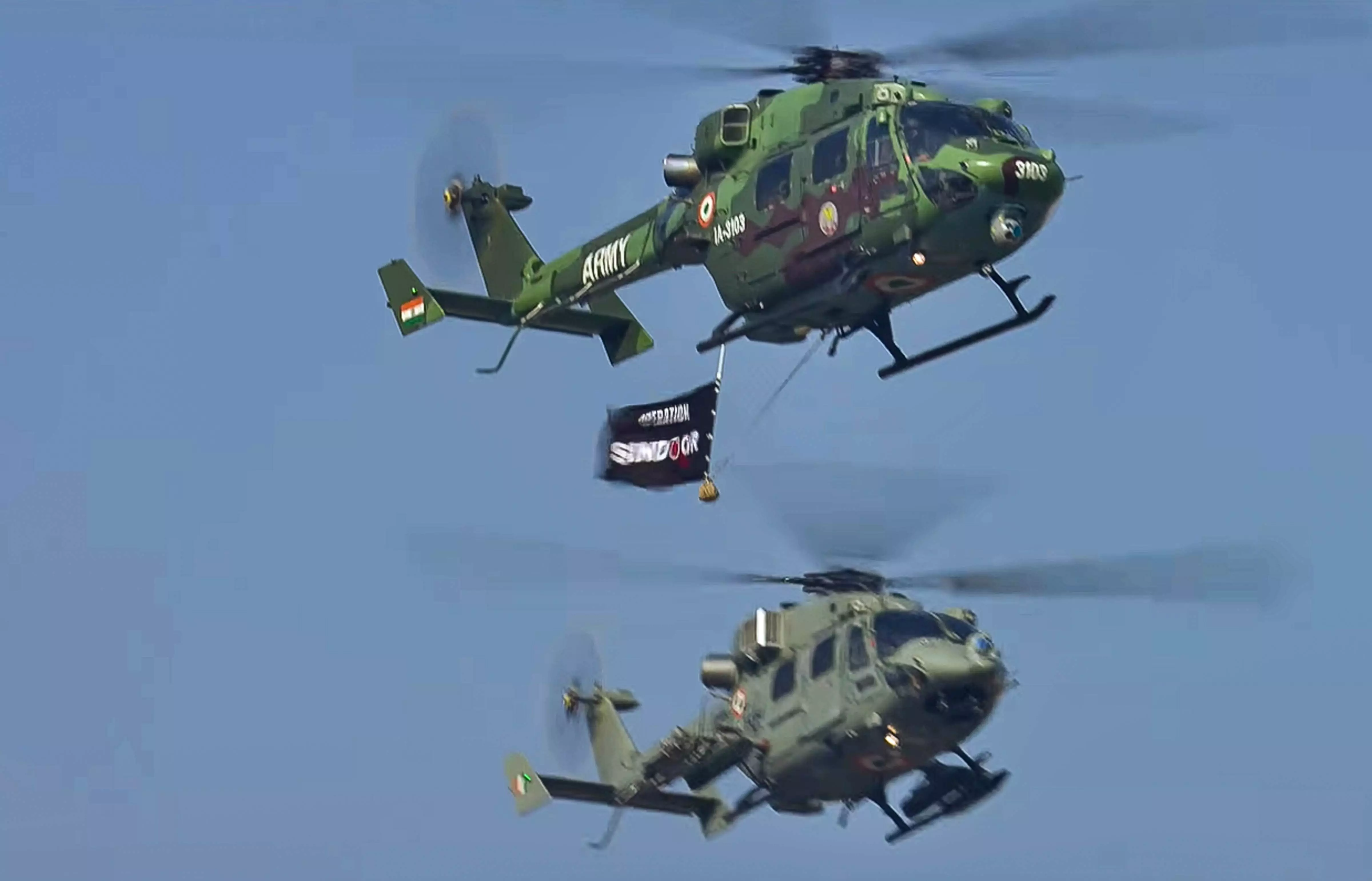 Military helicopters during the 77th Republic Day Parade, at Kartavya Path, in New Delhi. Photo: PTI Military helicopters during the 77th Republic Day Parade, at Kartavya Path, in New Delhi. Photo: PTI