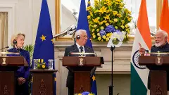 PM Modi with European Council President Antonio Costa (centre) and European Commission President Ursula von der Leyen (left)