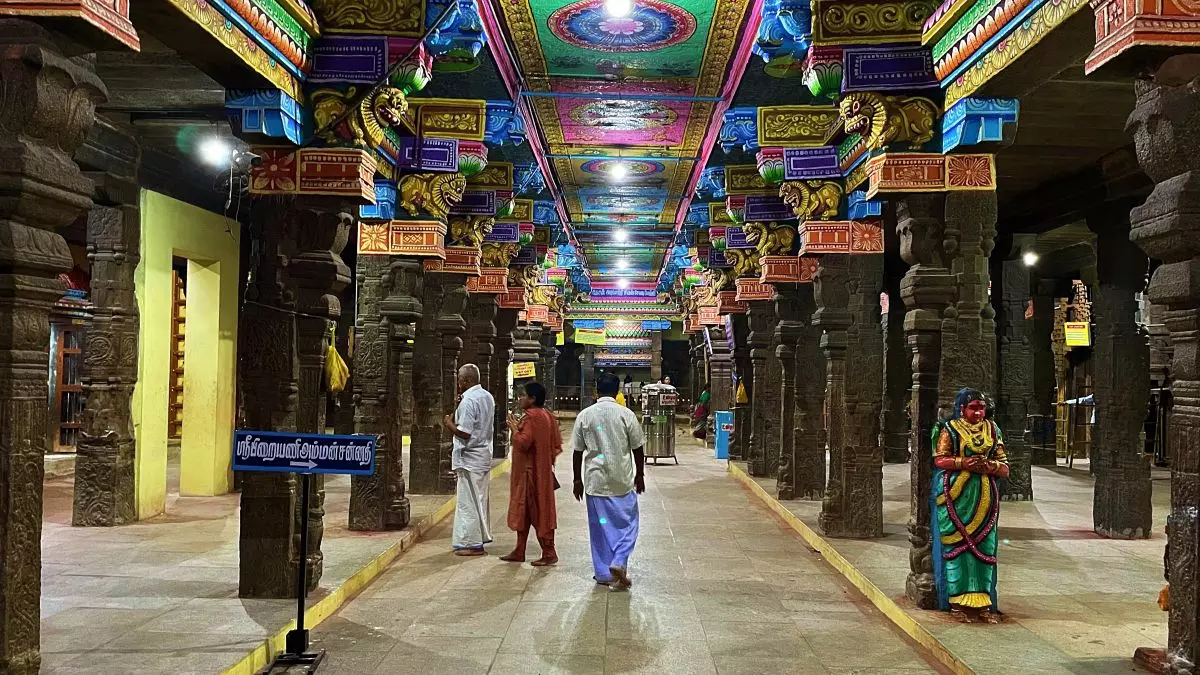 The ceilings were a cascade of concentric lotus medallions, cosmic eyes and battle scenes. The shrine itself is famous for its abhishekam ritual, where milk poured over the Rahu idol turns blue. Photo: Veidehi Gite The ceilings were a cascade of concentric lotus medallions, cosmic eyes and battle scenes. The shrine itself is famous for its abhishekam ritual, where milk poured over the Rahu idol turns blue. Photo: Veidehi Gite