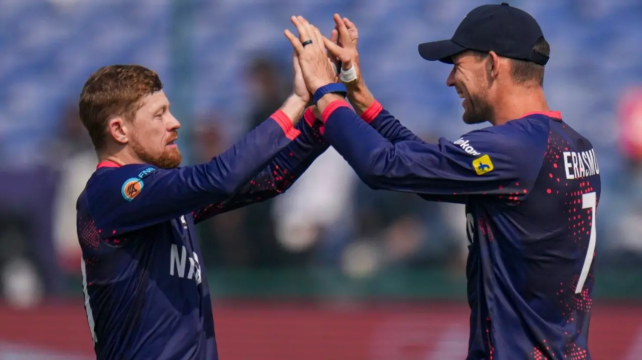 Namibias Bernard Scholtz, left, celebrates with captain Gerhard Erasmus