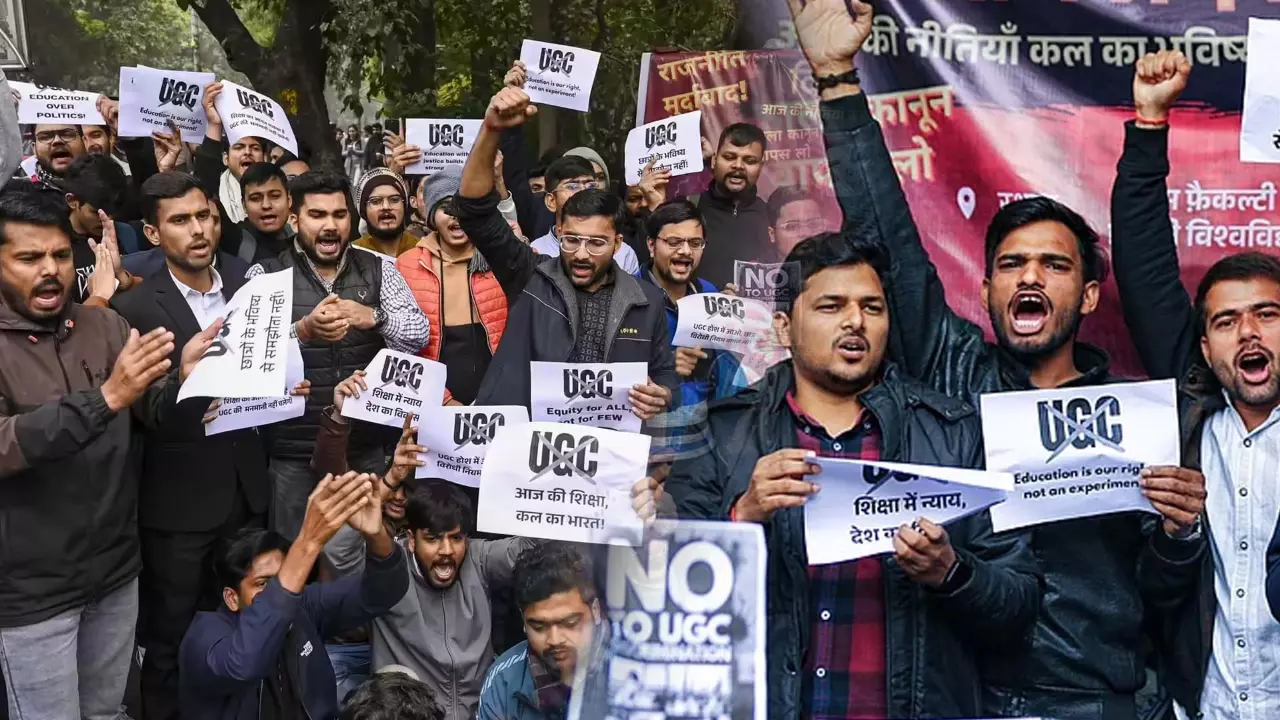 Students gather in Delhi demanding restoration of UGC Equity Regulations addressing caste discrimination in higher education.