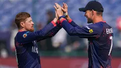 Namibias Bernard Scholtz, left, celebrates with captain Gerhard Erasmus