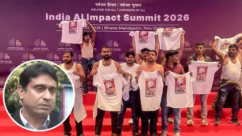Indian Youth Congress protesters at AI India Impact Summit 2026 Indian Youth Congress protesters at AI India Impact Summit 2026