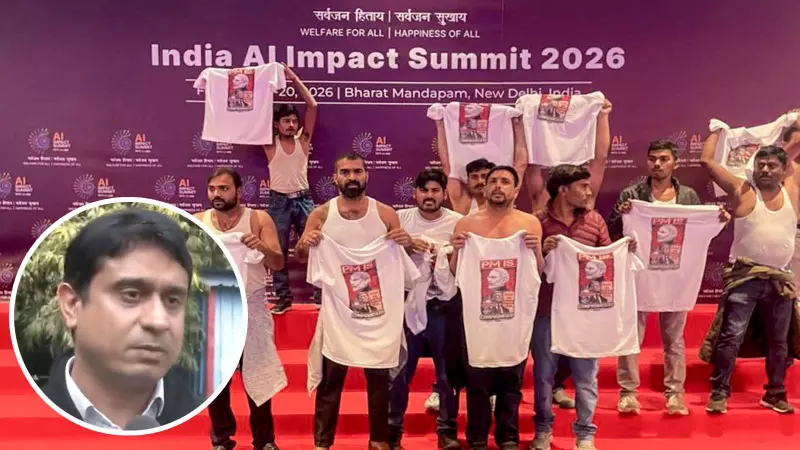Indian Youth Congress protesters at AI India Impact Summit 2026 Indian Youth Congress protesters at AI India Impact Summit 2026