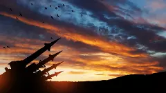 The missiles are aimed at the sky at sunset The missiles are aimed at the sky at sunset