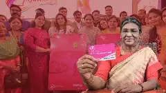 President Droupadi Murmu launching the Saheli Pink Smart Card scheme in Delhi at Indira Gandhi Indoor Stadium.