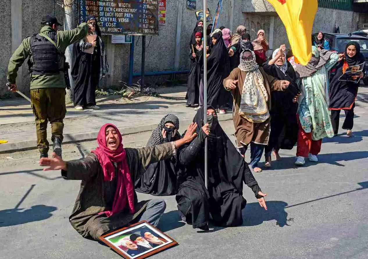 Women stage a protest over the killing of Irans Supreme Leader Ayatollah Ali Khamenei in Srinagar on Monday. PTI Photo Women stage a protest over the killing of Irans Supreme Leader Ayatollah Ali Khamenei in Srinagar on Monday. PTI Photo