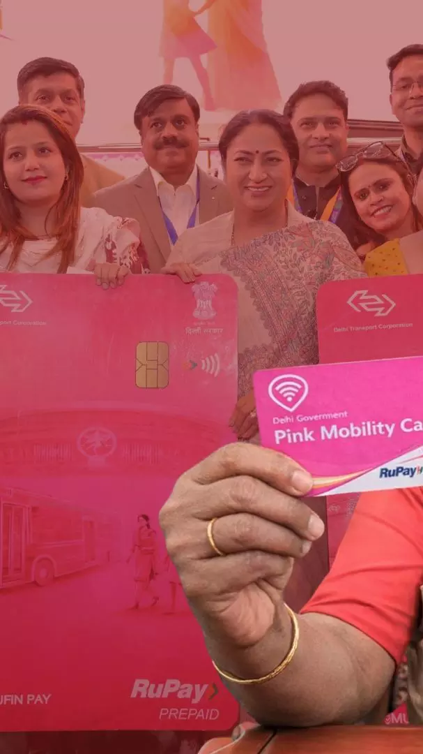 President Droupadi Murmu launching the Saheli Pink Smart Card scheme in Delhi at Indira Gandhi Indoor Stadium.