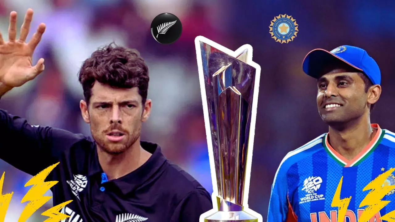India and New Zealand cricketers in action during a high-stakes T20 World Cup final match-up.