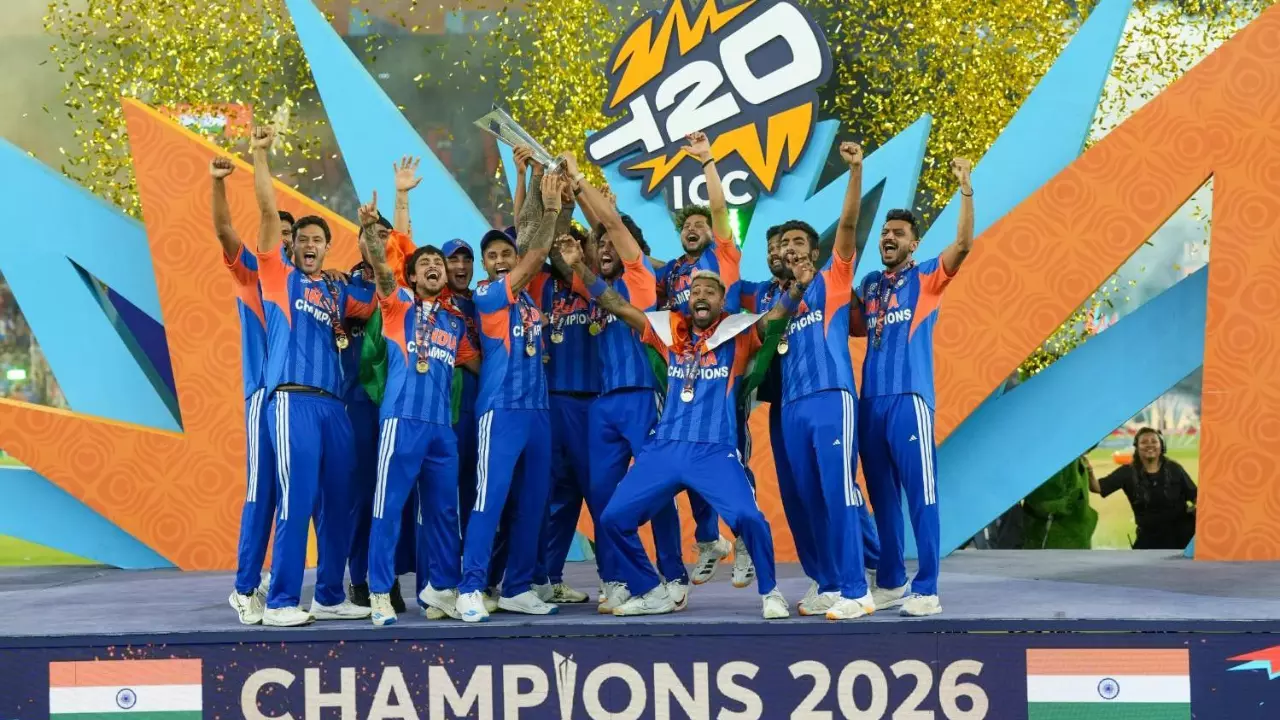 India team celebrates after winning the ICC Mens T20 World Cup 2026 final