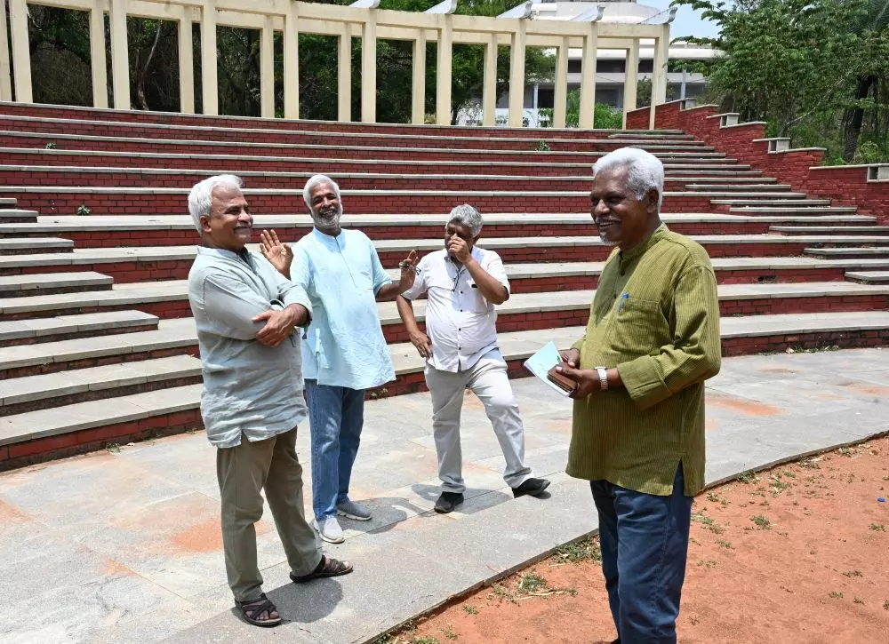 The techinical and production unit of Vachana Kalyana at the location for the play. Photo: K Bhagya Prakash