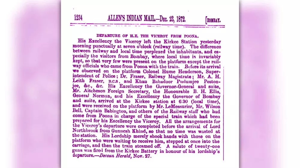 An old news report on the 1872 fiasco surrounding the seeing off of the viceroys train from Poona (now Pune).&nbsp;