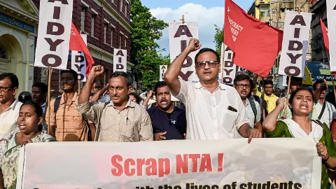 Protest over NEET-UG 2026 exam paper leak. Protest over NEET-UG 2026 exam paper leak.