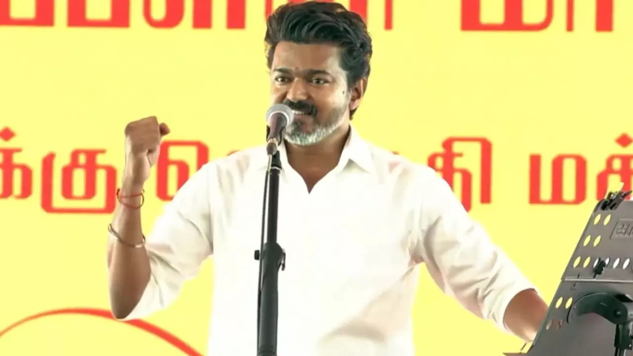 Vijay slammed Stalin and BJP in his first public meeting as CM