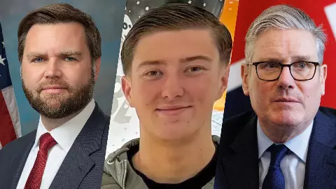 US Vice President JD Vance (left), UK teen victim Henry Nowak (center) and  UK Prime Minister Keir Starmer (right)