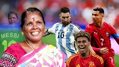 Selvi Amma smiling inside her clothing shop, surrounded by football jerseys that helped make her a viral social media sensation. Selvi Amma smiling inside her clothing shop, surrounded by football jerseys that helped make her a viral social media sensation.