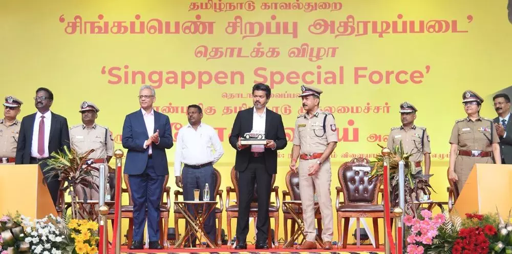 CM Vijay at the unveiling of the Singappen force earlier this month. Photo courtesy Department of Information and Public Relations, Tamil Nadu