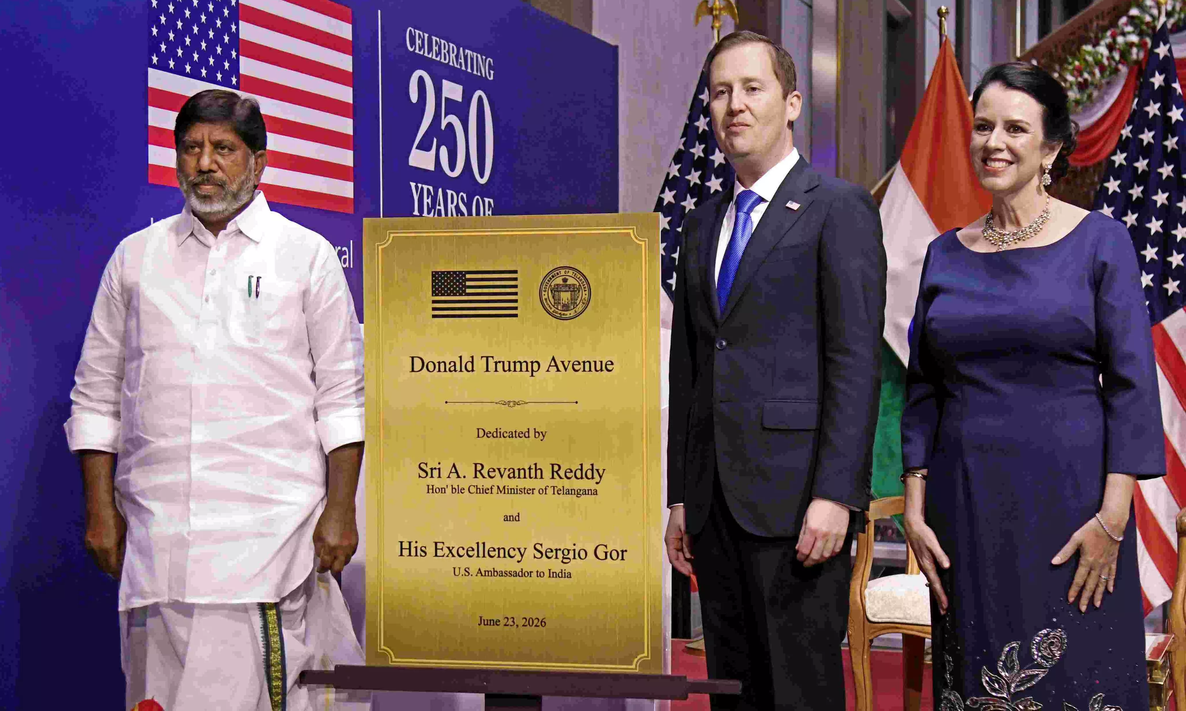 US Ambassador to India Sergio Gor, Telangana Deputy Chief Minister Mallu Bhatti Vikramarka and US Consul General Laura Williams pose beside a plaque commemorating the renaming of the road US Ambassador to India Sergio Gor, Telangana Deputy Chief Minister Mallu Bhatti Vikramarka and US Consul General Laura Williams pose beside a plaque commemorating the renaming of the road