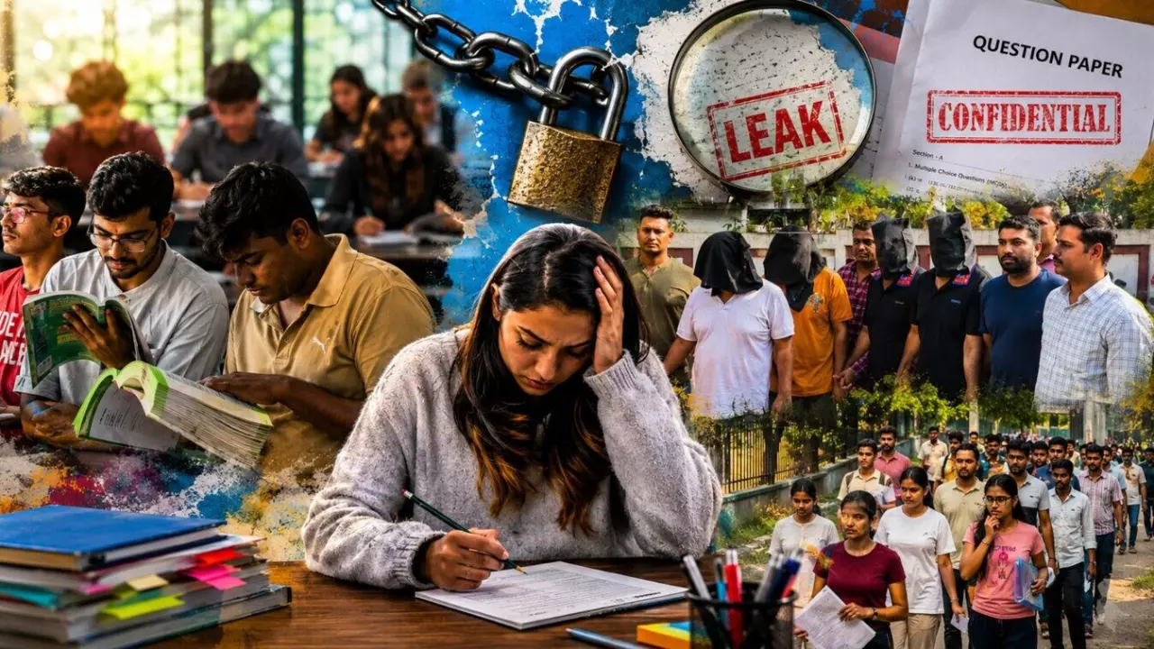 Police personnel during the Maharashtra TET paper leak investigation after the examination was postponed, with three accused arrested and an SIT ordered.
