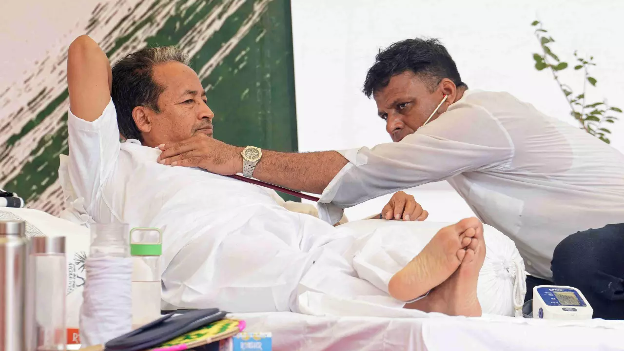 Activist Sonam Wangchuk being attended by a medical professional amid an ongoing hunger strike at Jantar Mantar